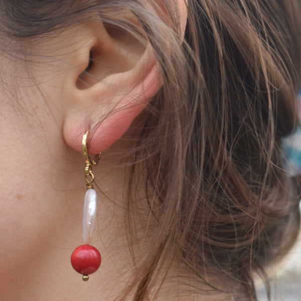 Coin freshwater pearl huggie earrings with red coral bead | by Ifemi