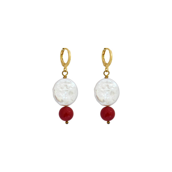 Coin freshwater pearl huggie earrings with red coral bead | by Ifemi
