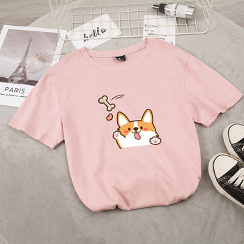 Size M - Ladies Corgi Dog Print T-shirt Summer Casual Top