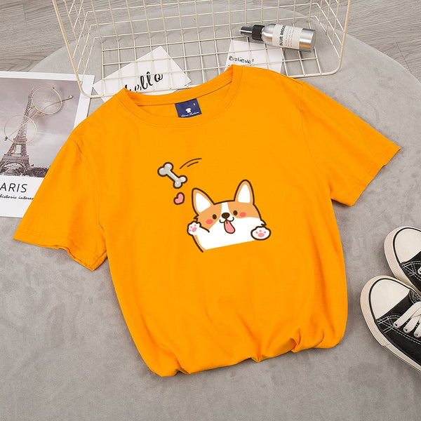 Size XL - Ladies Corgi Dog Print T-shirt Summer Casual Top