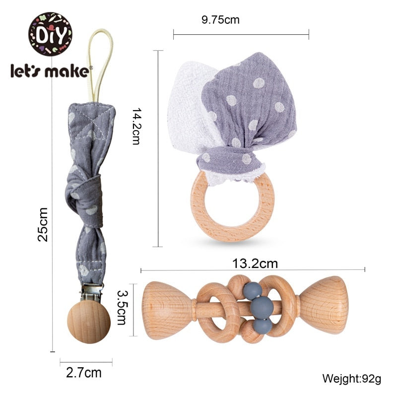 Sizes - Baby Shower Gift Set with baby teether, baby pacifier clip, wooden rattle, baby toy