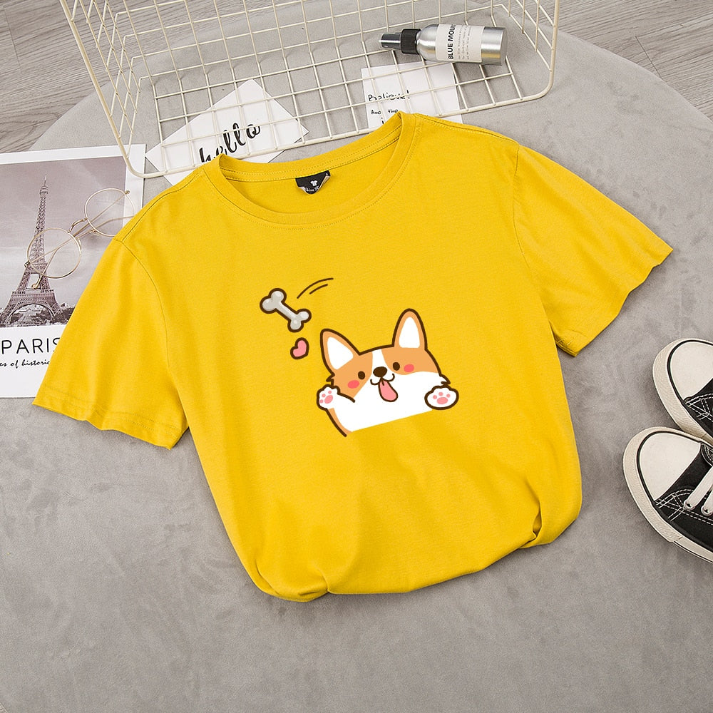 Size L - Ladies Corgi Dog Print T-shirt Summer Casual Top