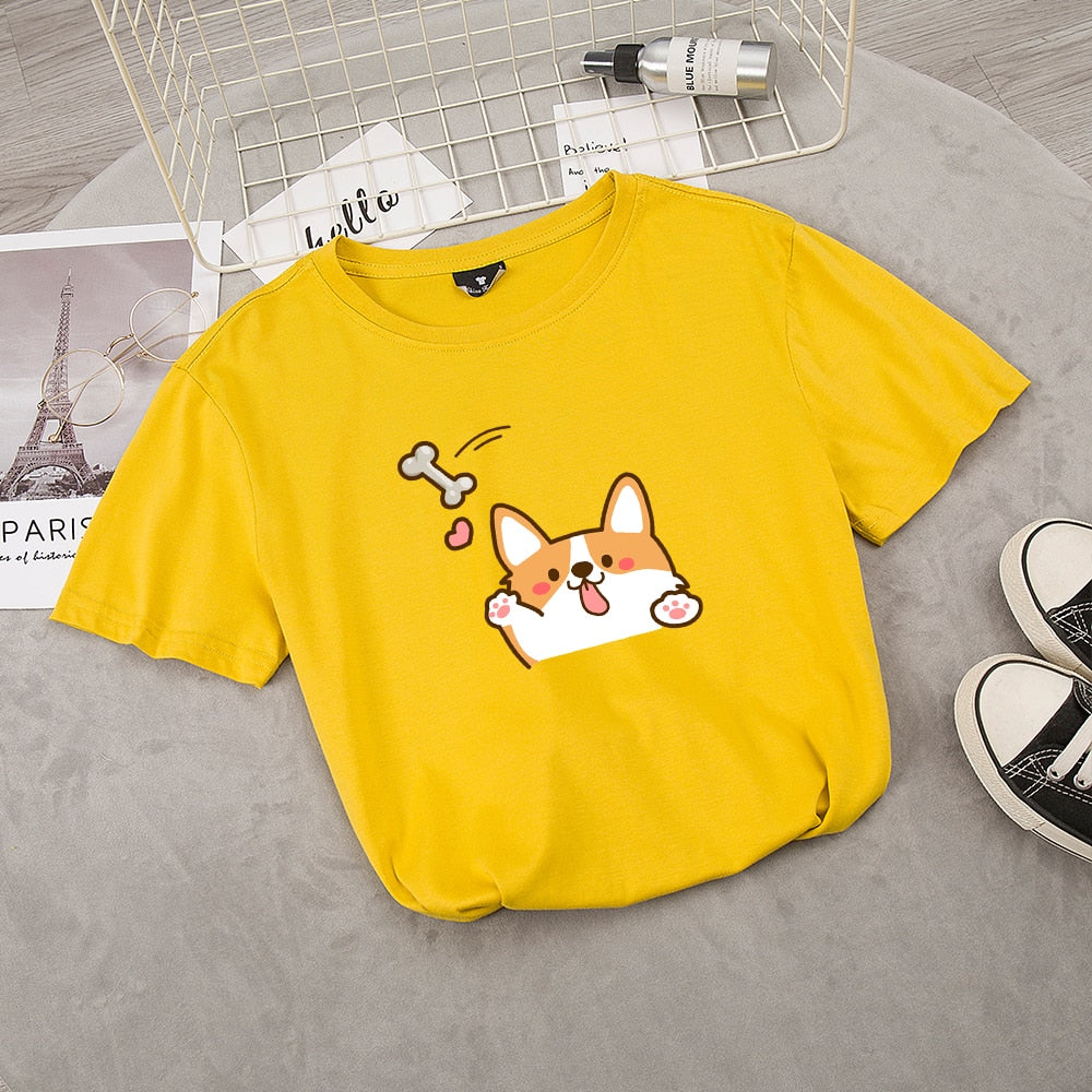 Size XL - Ladies Corgi Dog Print T-shirt Summer Casual Top