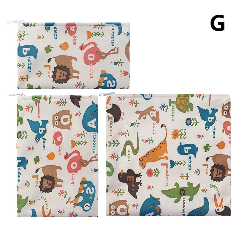 Waterproof Snack Bag Bread Bag Reusable Washable Eco-Friendly - Design G - owl, lion, bird, sloth, ostrich