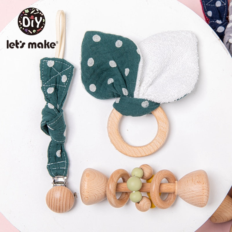 Baby Gift Set - Baby Teether Toys Pacifier Clips Chain Beech Wooden Rattles Bunny Ear Bracelet Baby Gift For Children‘s Product
