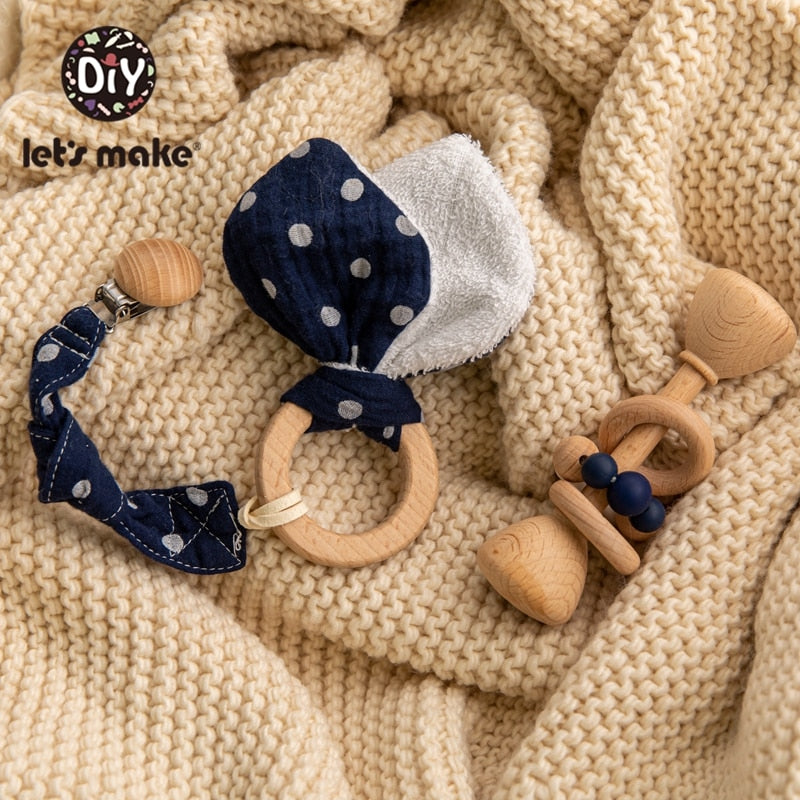 Baby Gift Set - Baby Teether Toys Pacifier Clips Chain Beech Wooden Rattles Bunny Ear Bracelet Baby Gift For Children‘s Product