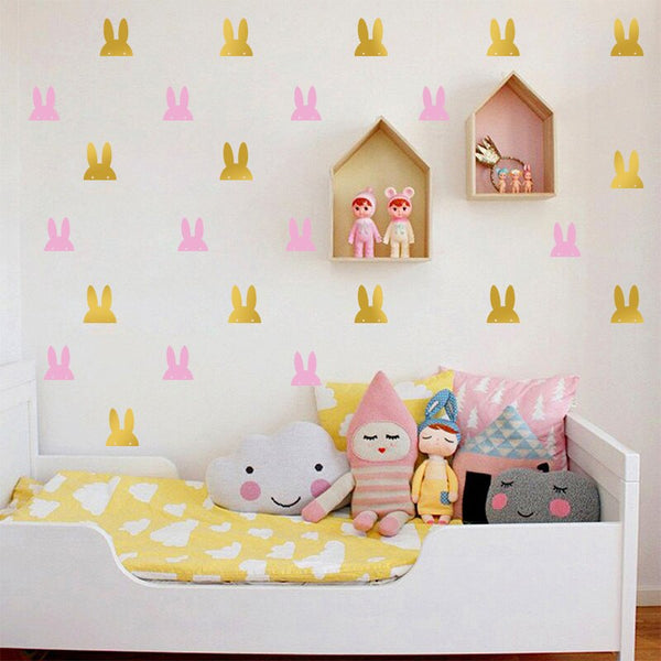 Self-Adhesive Wall Stickers Little Bunny Rabbit for Baby Nursery Wall Decals Gold & Pink
