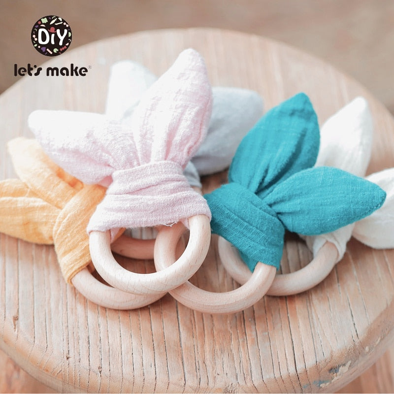 Baby Teether with Cute Bunny Ears - wooden  ring with cotton bunny ears for teething babies
