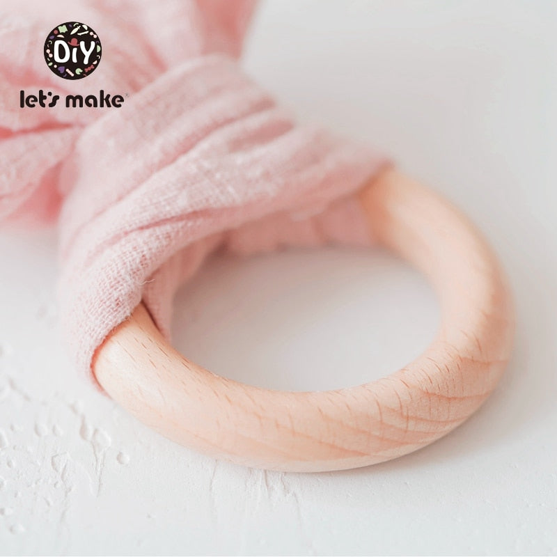Wooden Baby Teether with Cute Bunny Ears - wooden  ring with cotton bunny ears for teething babies