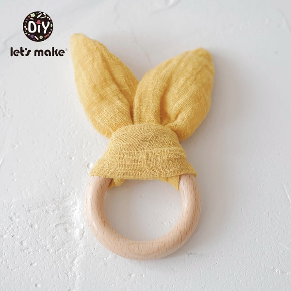 YELLOW Baby Teether with Cute Bunny Ears - wooden  ring with cotton bunny ears for teething babies