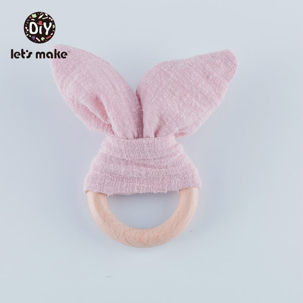 PINK Baby Teether with Cute Bunny Ears - wooden  ring with cotton bunny ears for teething babies