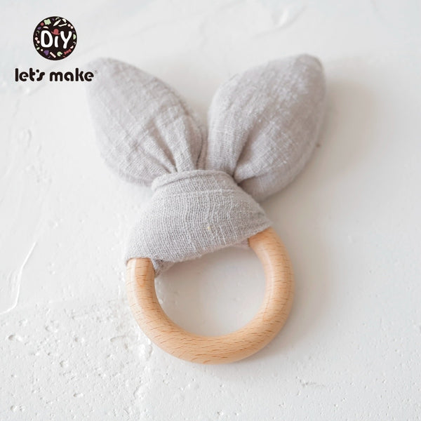 GRAY Baby Teether with Cute Bunny Ears - wooden  ring with cotton bunny ears for teething babies