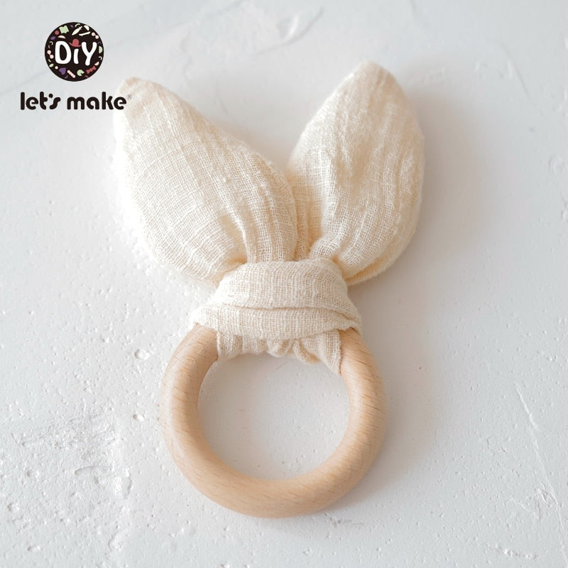 WHITE Baby Teether with Cute Bunny Ears - wooden  ring with cotton bunny ears for teething babies