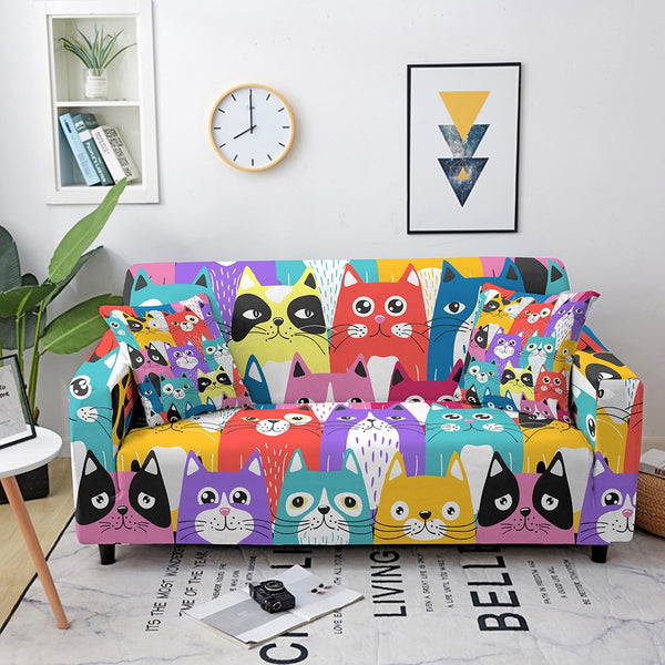 Cat Prints Elastic Sofa Protector Slipcover for Living Room Couch Cover