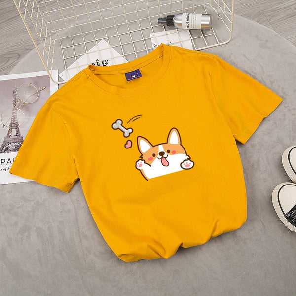 Size L - Ladies Corgi Dog Print T-shirt Summer Casual Top