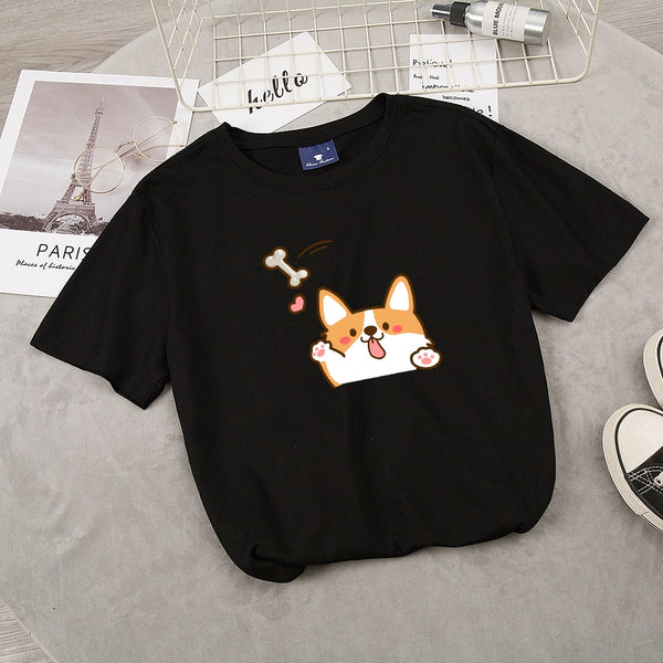 Size S - Ladies Corgi Dog Print T-shirt Summer Casual Top