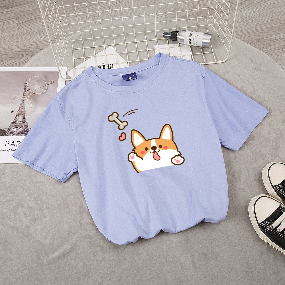 Size M - Ladies Corgi Dog Print T-shirt Summer Casual Top