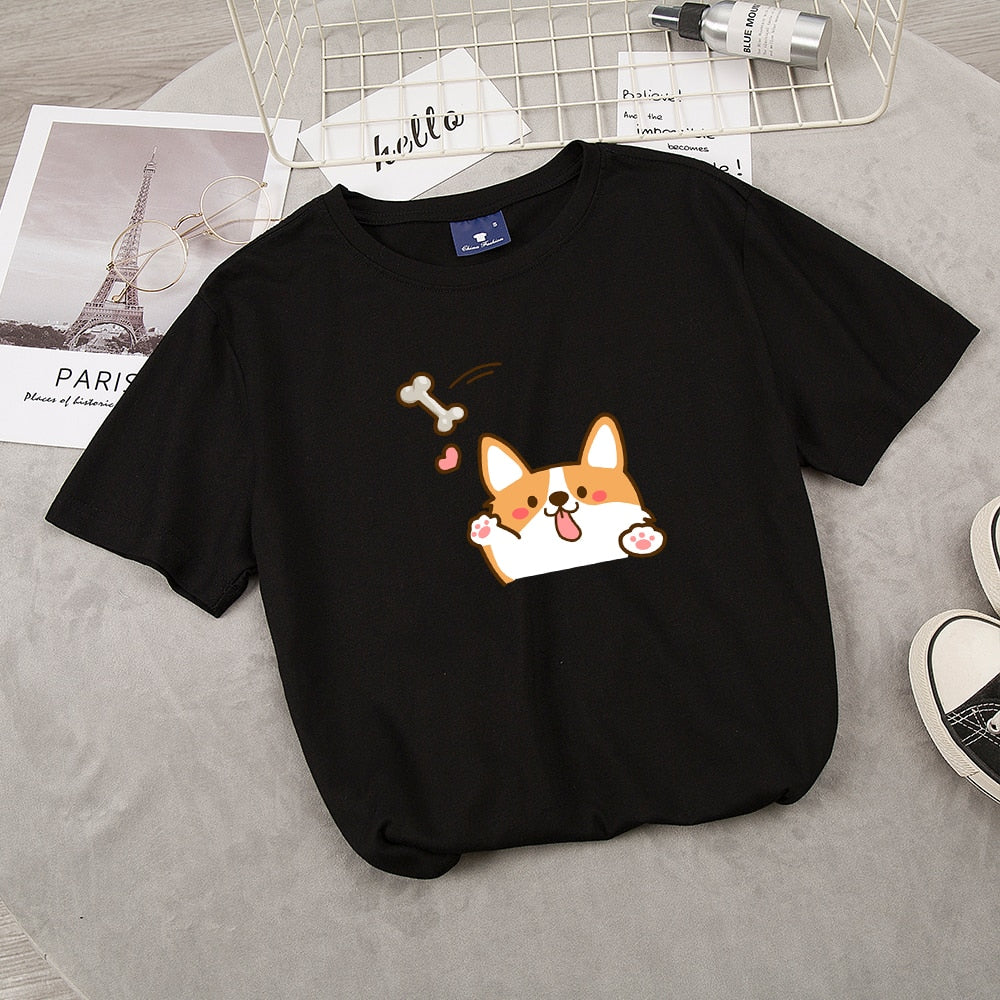 Size L - Ladies Corgi Dog Print T-shirt Summer Casual Top