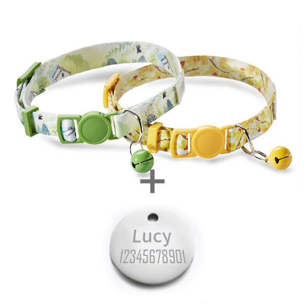 Adjustable Cat Collar with Bell Suitable for Toy Breed Dogs Pet ID Tag - Green and Yellow