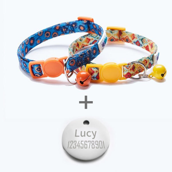 Adjustable Cat Collar with Bell Suitable for Toy Breed Dogs with Pet ID Tag - Orange Blue and Yellow