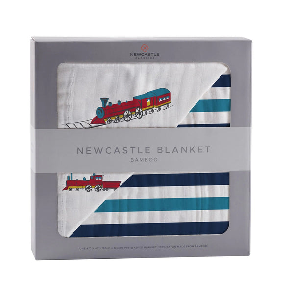 Vintage Steam Trains and Blue Stripe Bamboo Muslin Newcastle Blanket